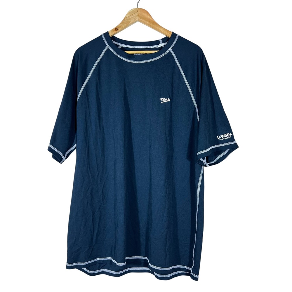 Speedo BlockTheBurn Solid Rash Guard Swim Shirt Navy Blue UPF 50+ Sporty XXL